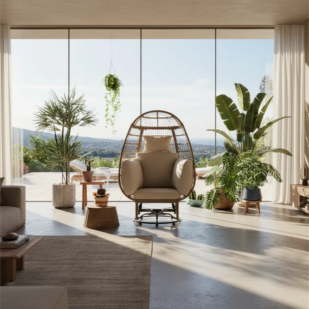 Rattan Egg Patio Swivel Chair with Cushions and Rocking Function