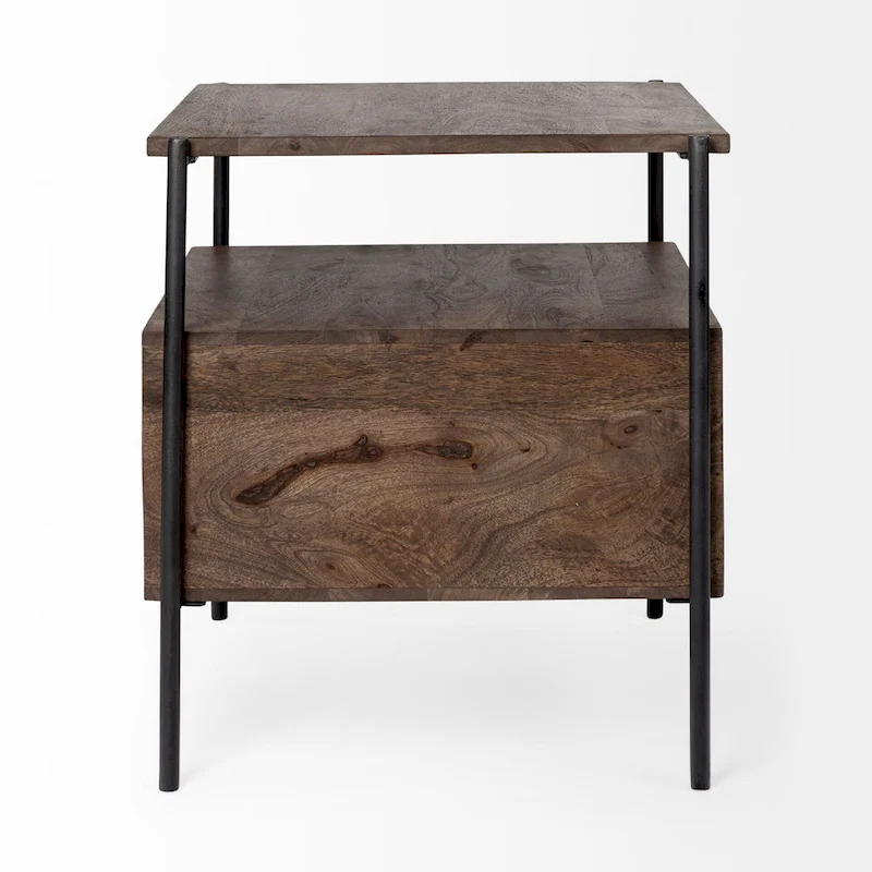 Glenn I Square Dark Brown Wood and Iron Black Frame Side Table