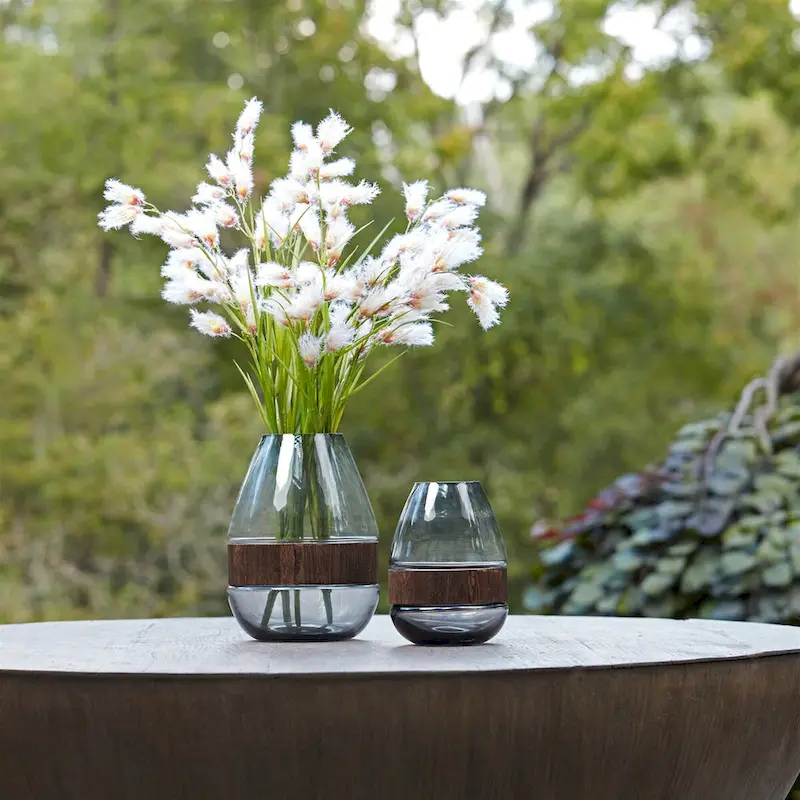 Grey Glass Vase with Natural Wood Accent 7.5 H