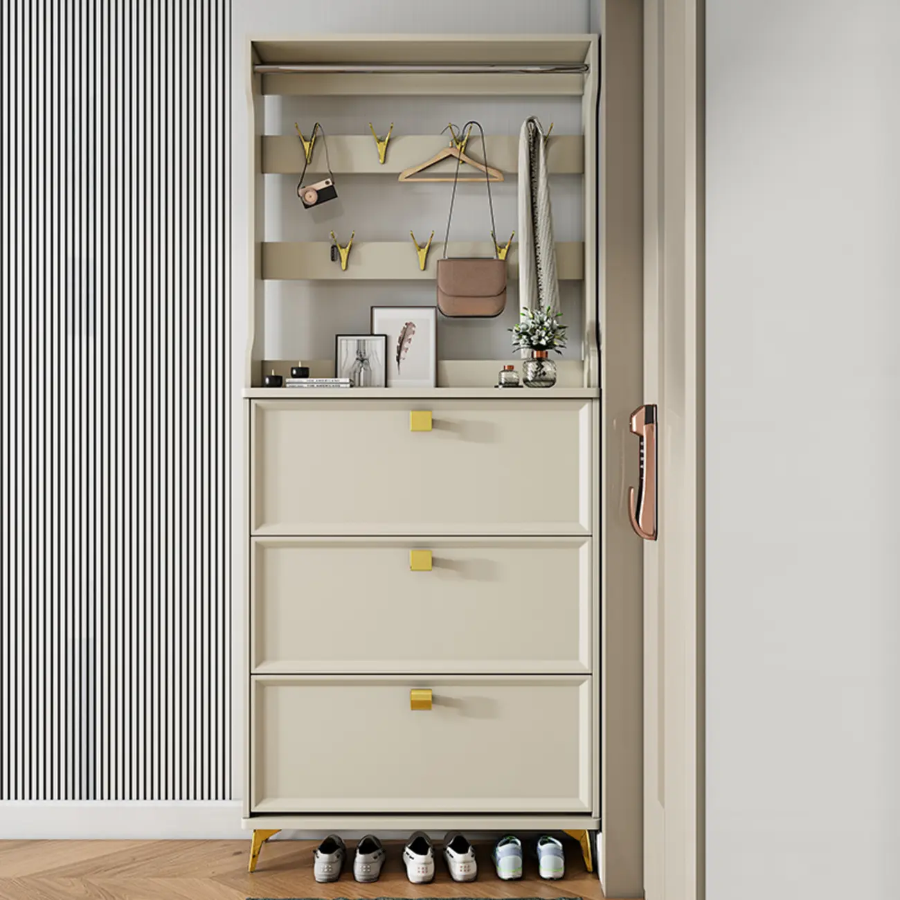 Drop-Front Adjustable Modern White Wood Narrow Shoe Cabinet