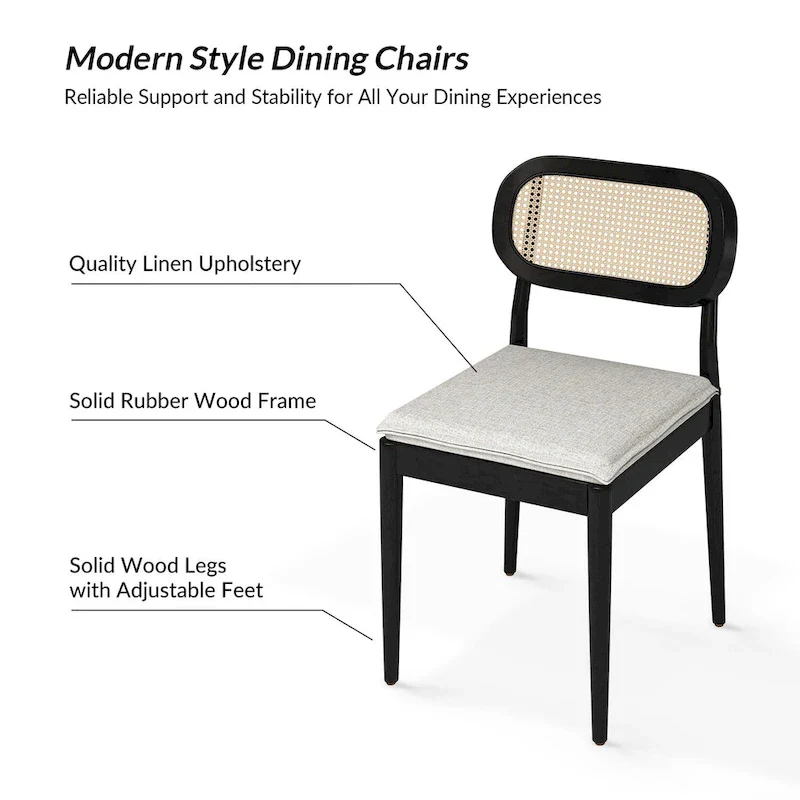 Modern Solid Wood Dining Chair with Ratten Back and Removable Cushion Set of 2 by