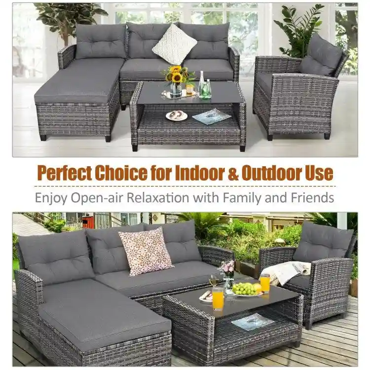 4 Pieces Patio Rattan Furniture Set with Cushion and Table Shelf - 27.5 x 47 x 30 (L x W x H)