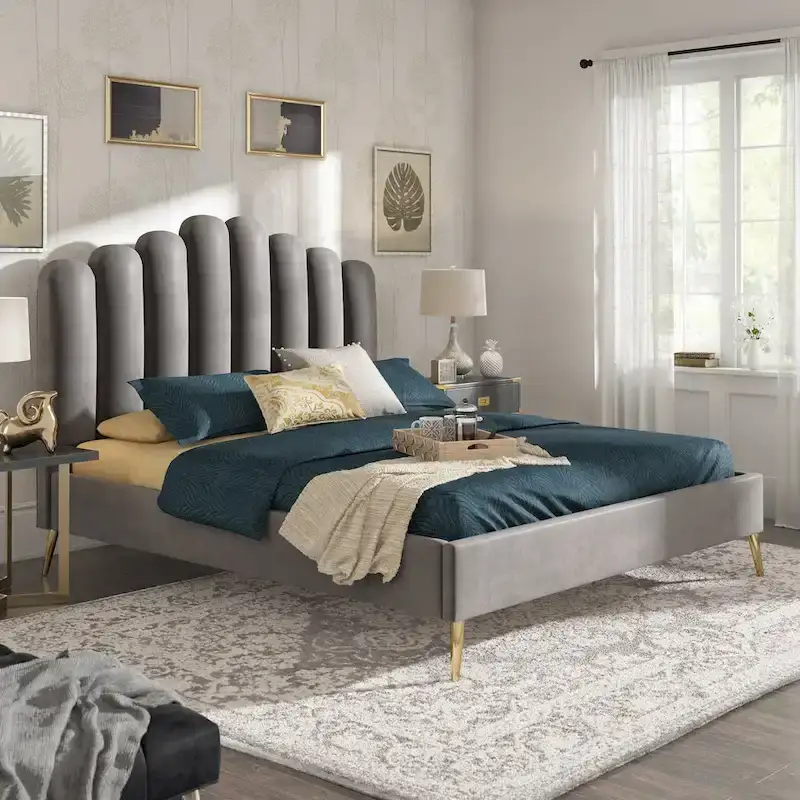 Art Deco Style Velvet Upholstered Platform Bed