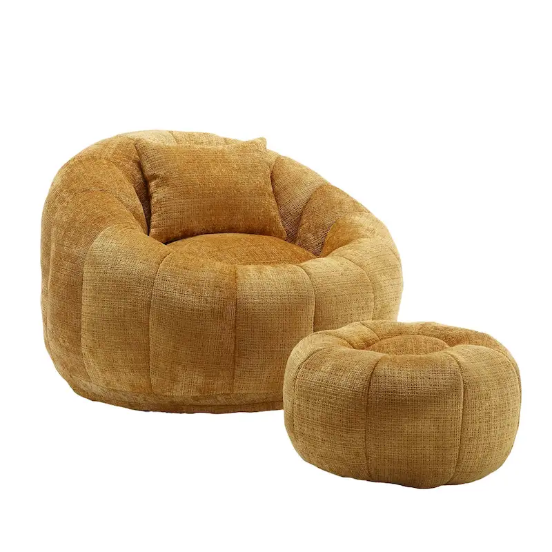 HOMEFUN Chenille Upholstered Round Lazy Cozy Bean Bag Chair with Ottoman and a Pillow