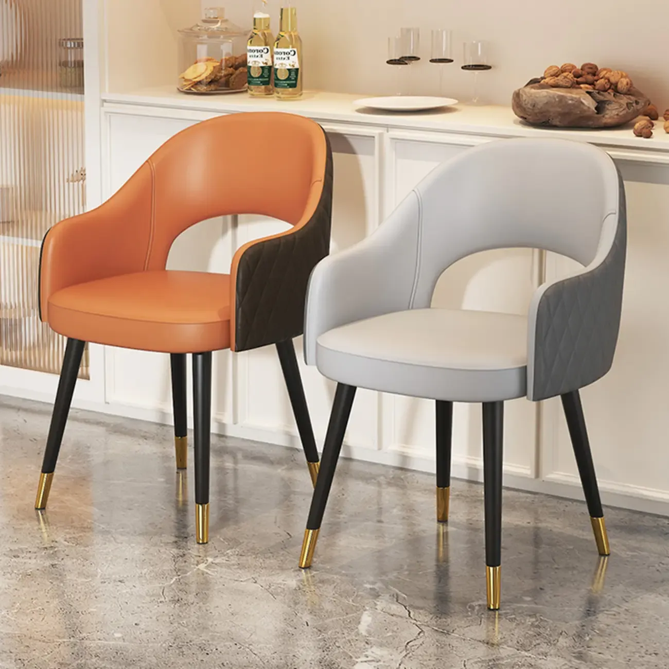 Open Curved Back Leather Armrest Dining Chairs