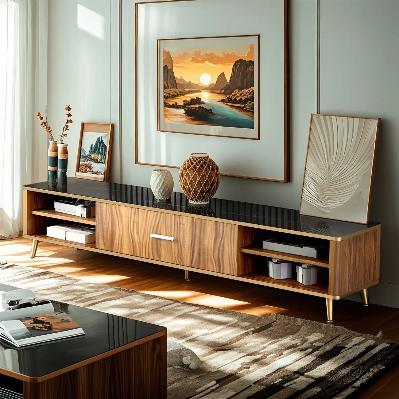 87 Glam Brown Stone Top Solid Wood Open Shelf TV Stand