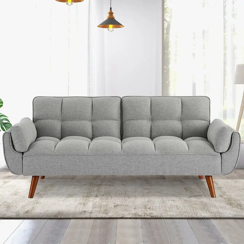 Convertible Futon Sofa Bed, Tufted Linen, Wood Legs, 3-Position Backrest, 500 lbs, Seats 2, Beige/Grey/Green/Yellow