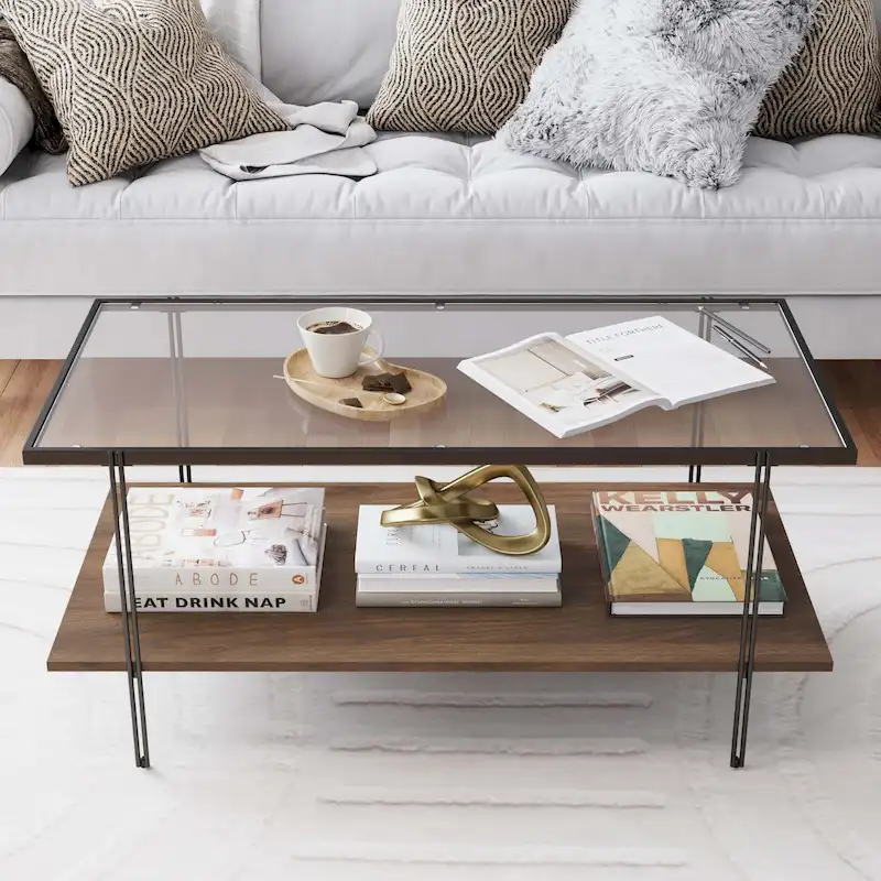 Mid-Century Coffee Table with Glass Top and Oak Shelf