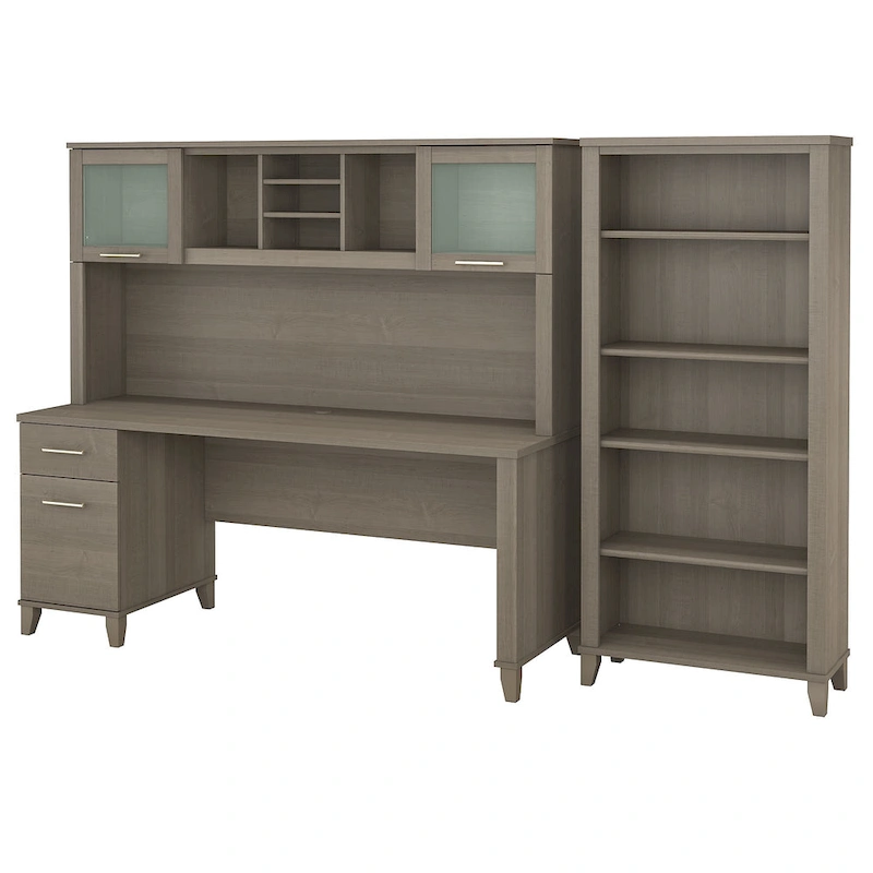 Somerset 72W Office Desk with Hutch and 5 Shelf Bookcase in Ash Gray