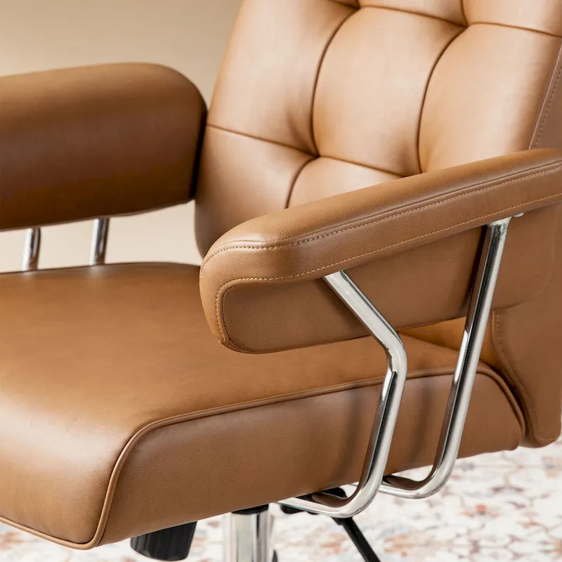 Glitzhome Mid-Century Modern Brown Leatherette Gaslift Adjustable Swivel High Back Office Chair with Armrest