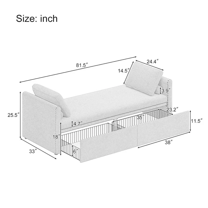 Modern Upholstered Chaise Lounger Daybed Small Single Daybed with 2 Drawers, No Mattress Needed