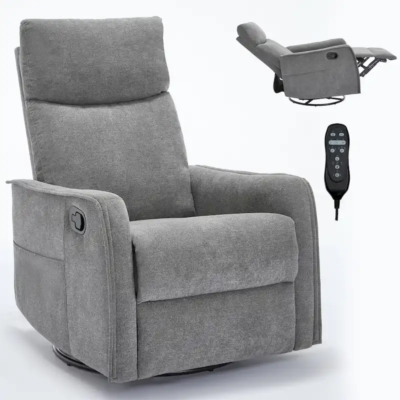 8 Point Massage Manual Recliner Chair Fabric Swivel Rocking Chair Single Sofa Armchair with Rocker and Lumbar Heating