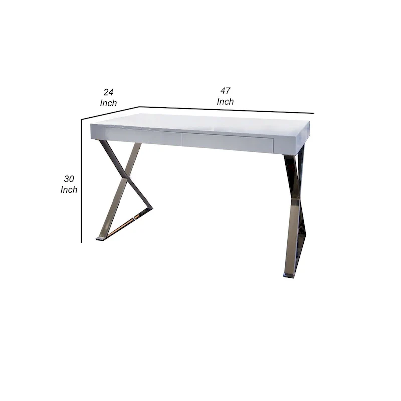 Rix 47 Inch Office Desk, White Wood Top, 2 Drawers, X Polished Steel Legs