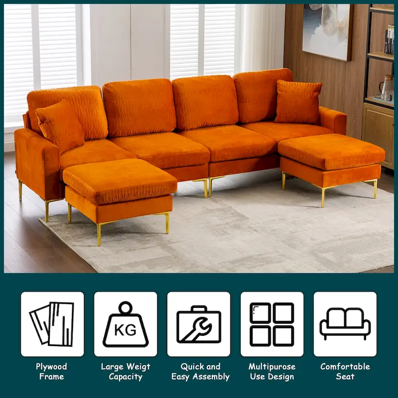 Velvet U-shaped modular detachable sectional sofa