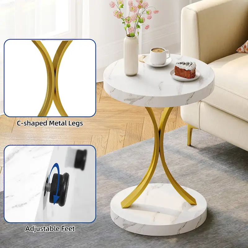 Modern Gold Round End Side Table with Faux White Marble Top and Gold Metal Frame