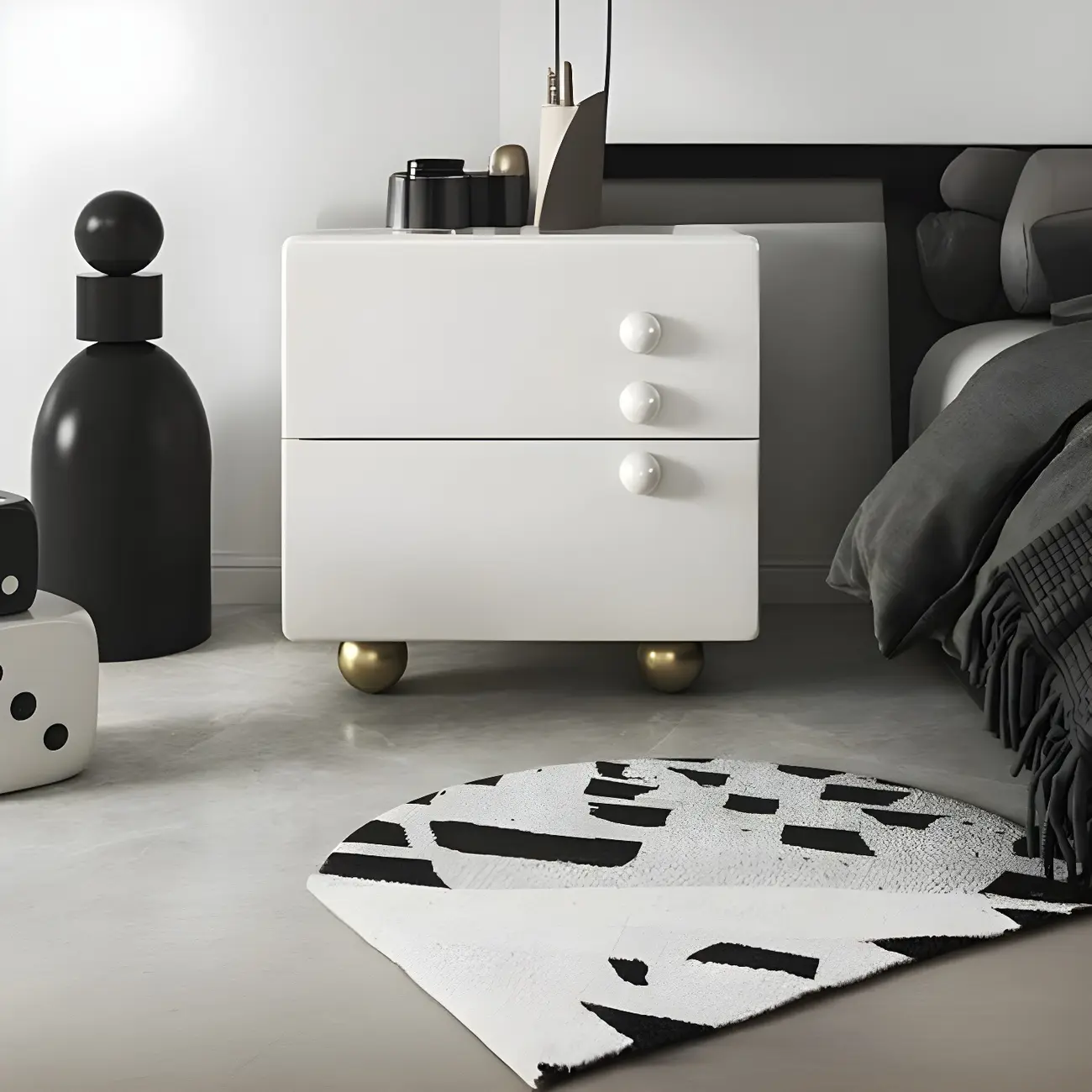 White Wood High-Gloss 2-Drawer Nightstand with Sphere Legs