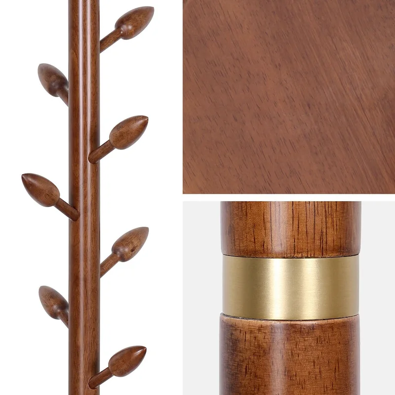 Rubberwood Freestanding Coat Rack, Coat Tree with 8 Bud-shaped Hooks - 15.75Dia. x 72.44H