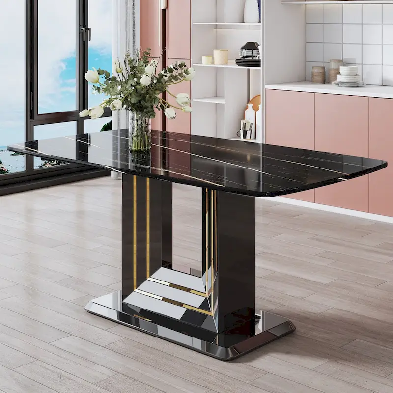 Dining table. Black imitation marble pattern desktop. Black MDF table legs, gold lines, black base