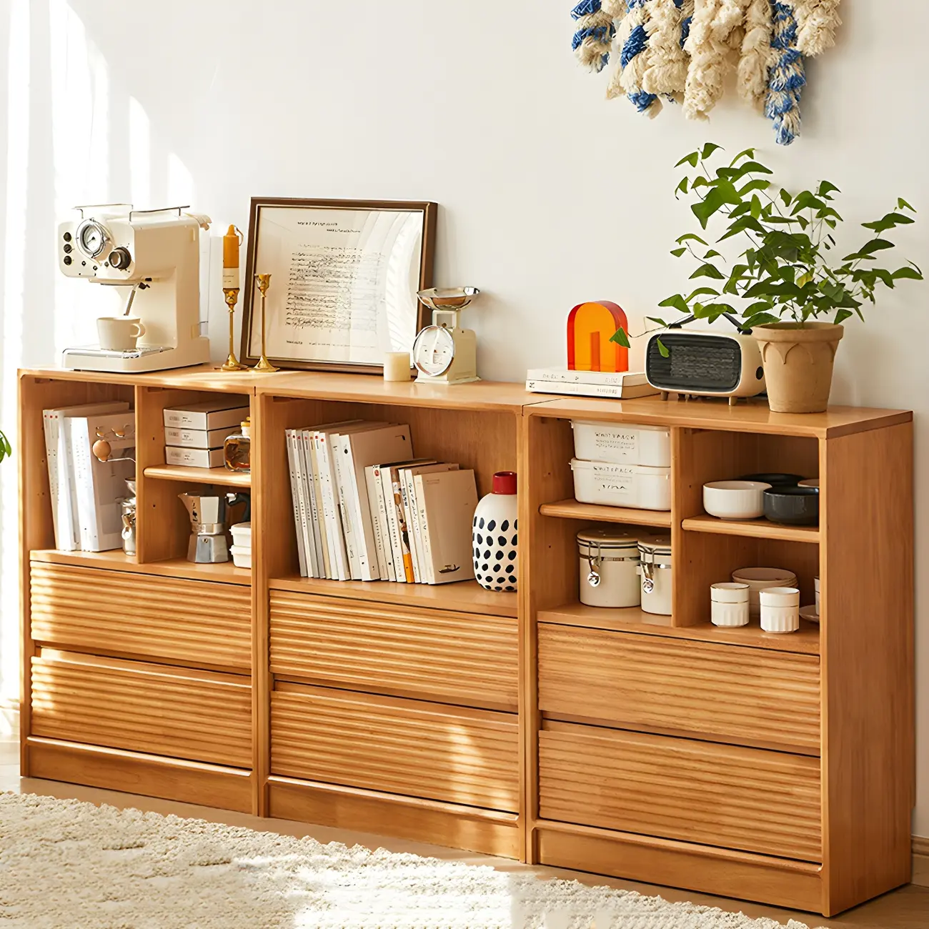 Scandinavian Light Wood 2-Shelf Bookcase with Drawers