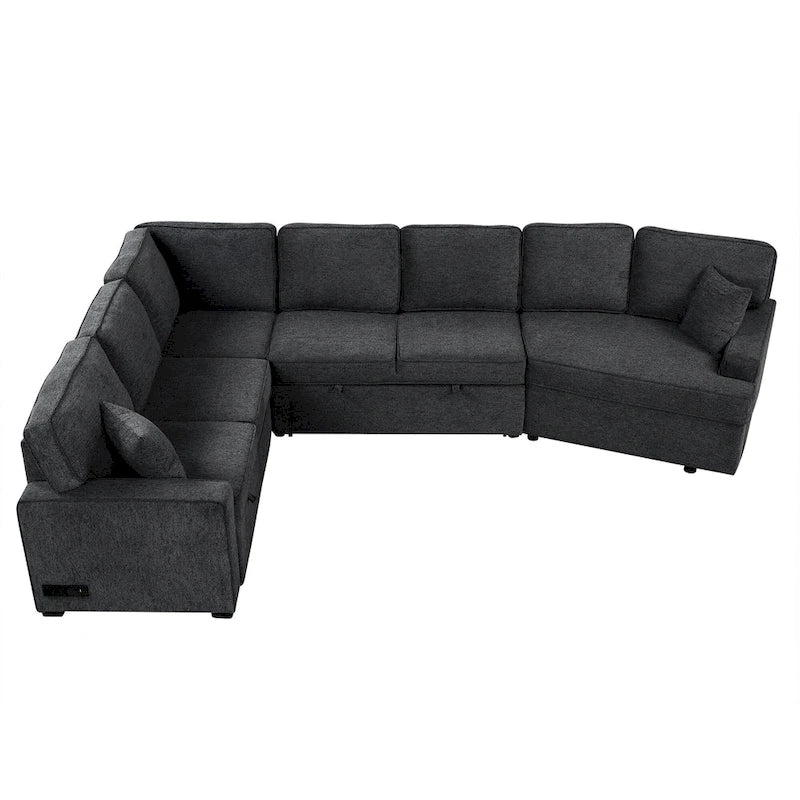 Black 126 L-Shaped 6-Seater Sofa with Pull-Out Bed and Cup Holders