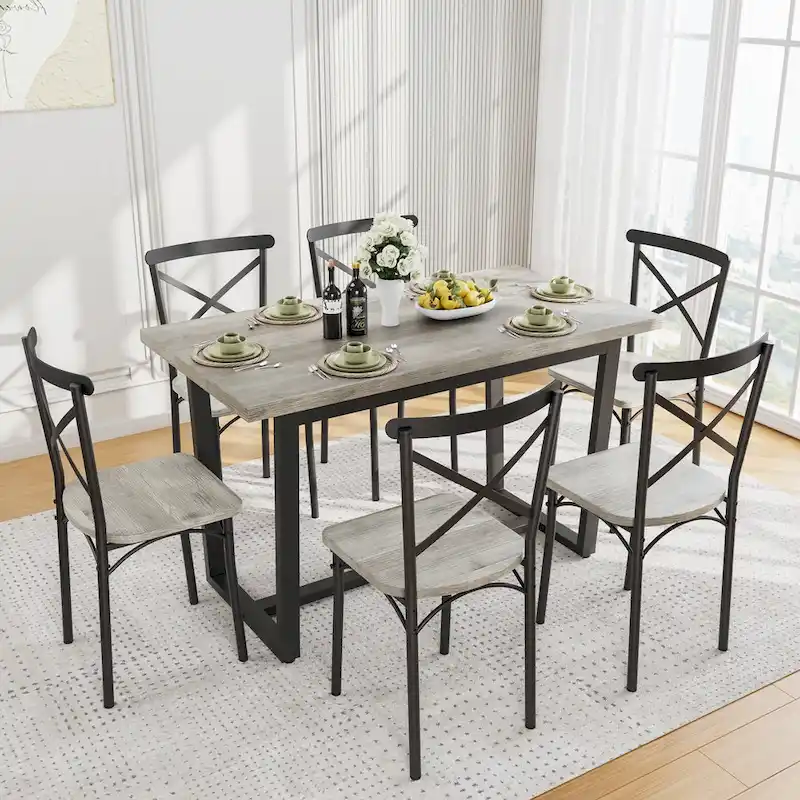 Modern Style 7-Piece Dining Set with Rectangular Table and 6 Cross Back Dining Chairs