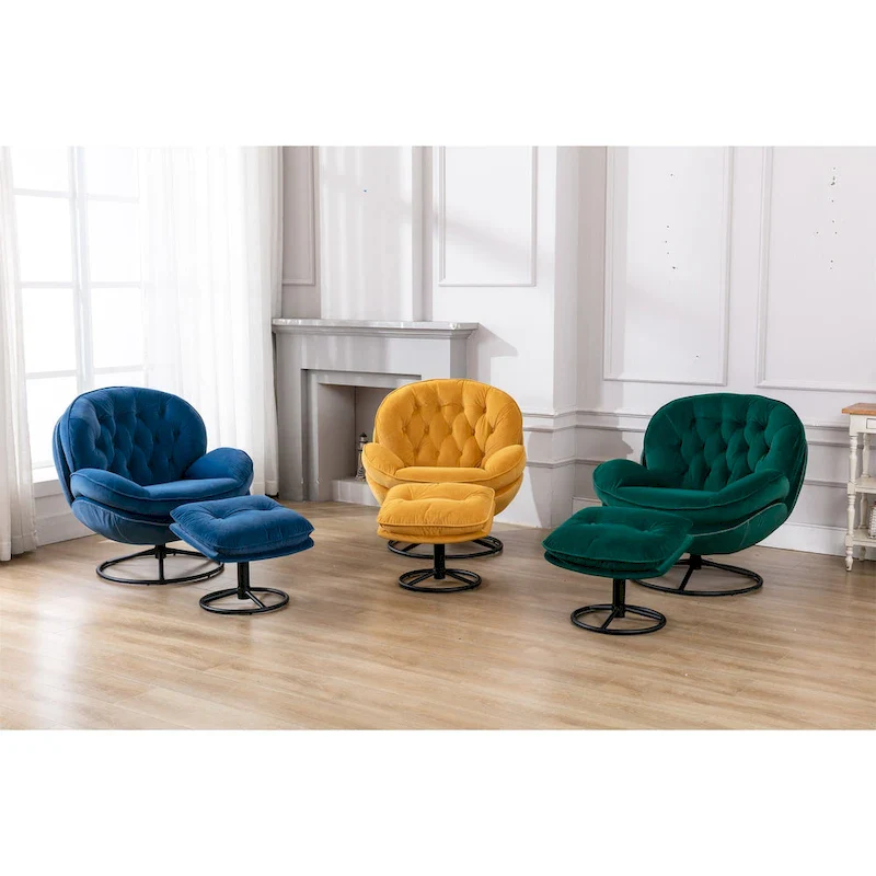 Blue Modern 31.73 Upholstered Swivel Buttons Tufted Accent Chair with Ottoman and Black Metal Legs