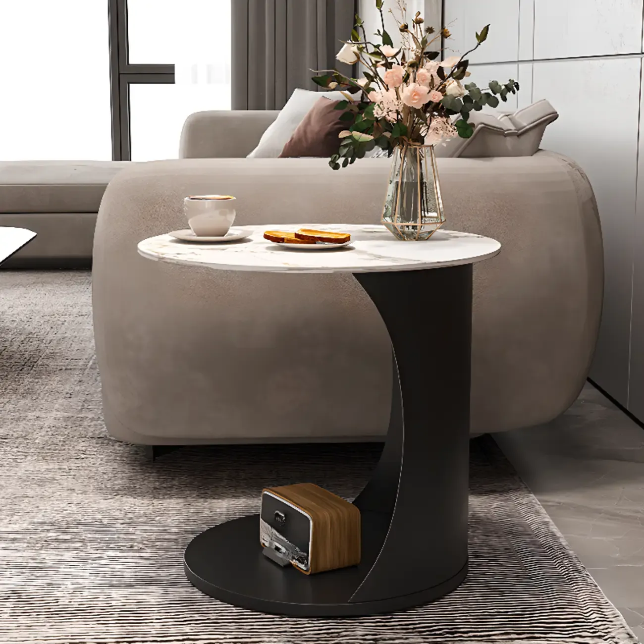 Classic C-Shaped White Marble Side Table with Gold Metal Base