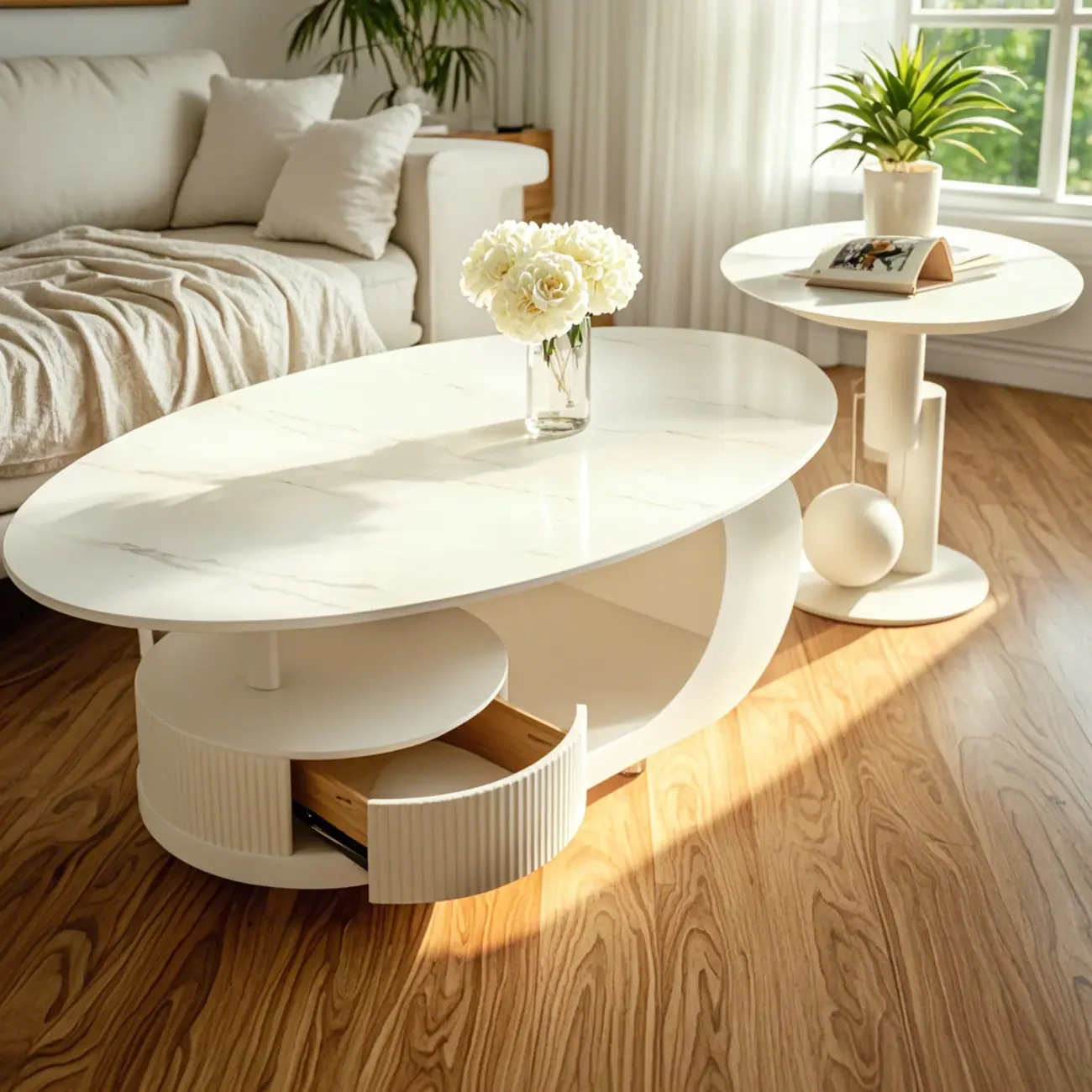 Modern White Stone Top Coffee Table with Scratch Resistant