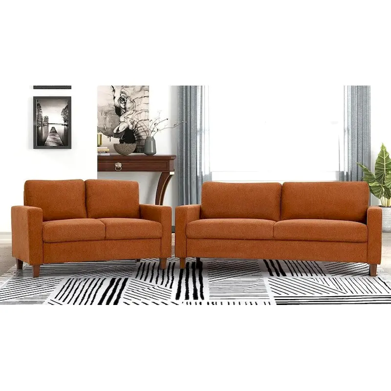 Miles 2 Piece Sofa and Loveseat Sets with Reversible Back Pillows Mid Century Modern Sofa