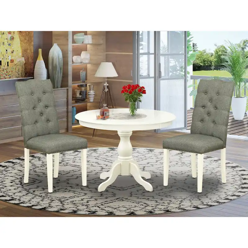 3 Piece Dining Table Set Contains a Round Dining Table and 2 Linen Fabric Parson Chairs, (Finish Options)