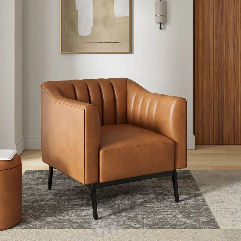 Alfons Industrial Leather Chair with Channel Tufting and Metal Leg by HULALA HOME