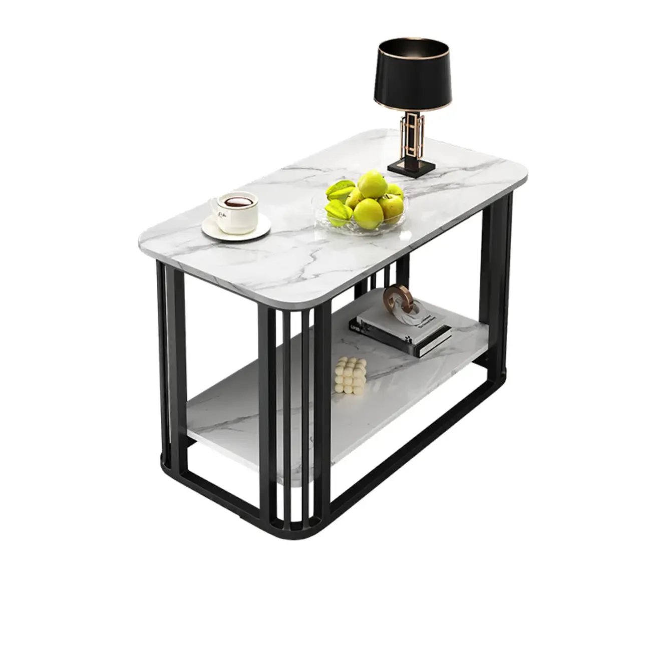 Luxury Rectangular Gold 2-Tier Coffee Table with Stone Top