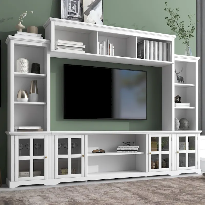 Entertainment Unit with Bridge, TV Console Table for TVs Up to 70, Two Pier Units