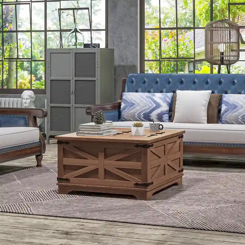 Farmhouse Coffee Table with Storage, Center Table with Hinged Lift Top and Hidden Space, Square Coffee Table