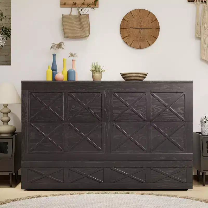 Keloyid Haimyy Solid Wood Frame Queen Murphy Bed Chest with Built-in Charger and Strong Drawer