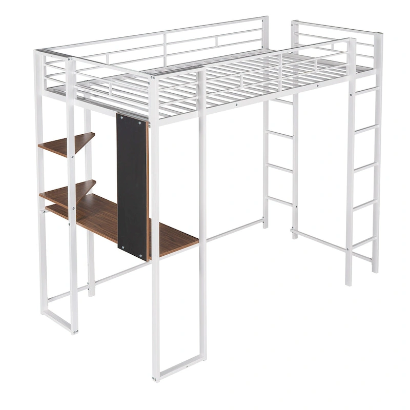 White Twin Metal Loft Bed with Ladder, Fence & Desk