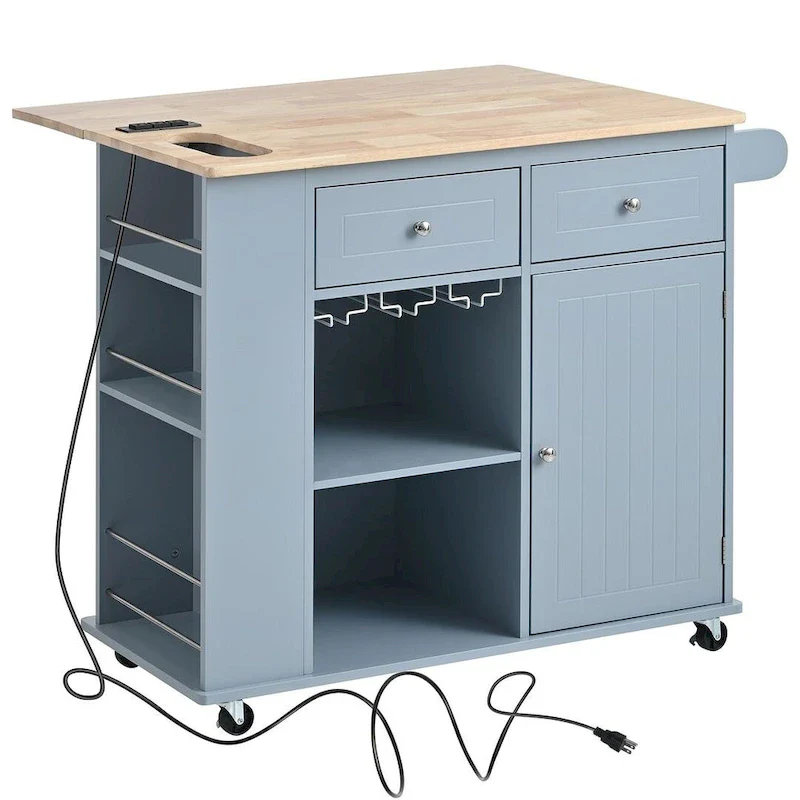 Kitchen Island Cart with Wheels ,Power Outlet, Drop Leaf, Wine Rack