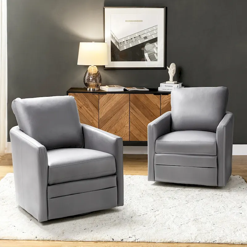 Terrance Transitional Swivel Faux Leather Barrel Chair with Metal Base Set of 2