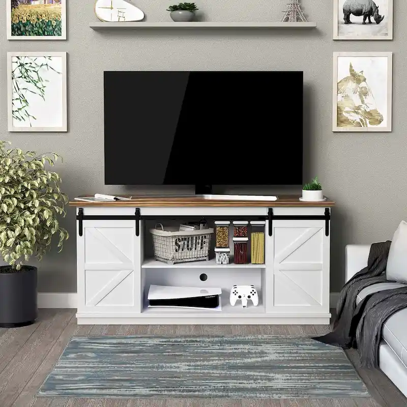 TV Stand 2 -shelf for TVs 43 up to 65. Simple living and Modern Mid-century, farmhouse barn door -easy to store something