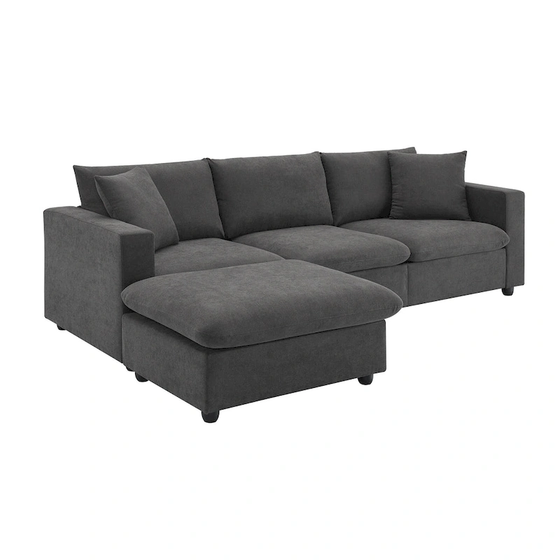4-Seat Polyester L-Shaped Sectional Sofa with Convertible Ottoman