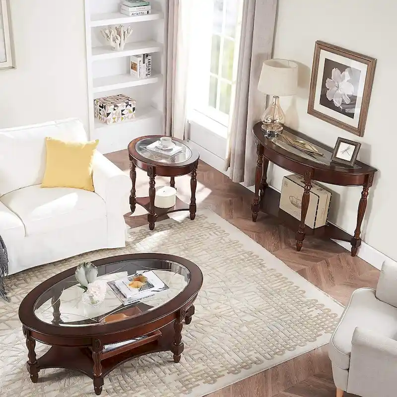 Solid Wood End Tables Coffee Tables Console Table with Glass Top