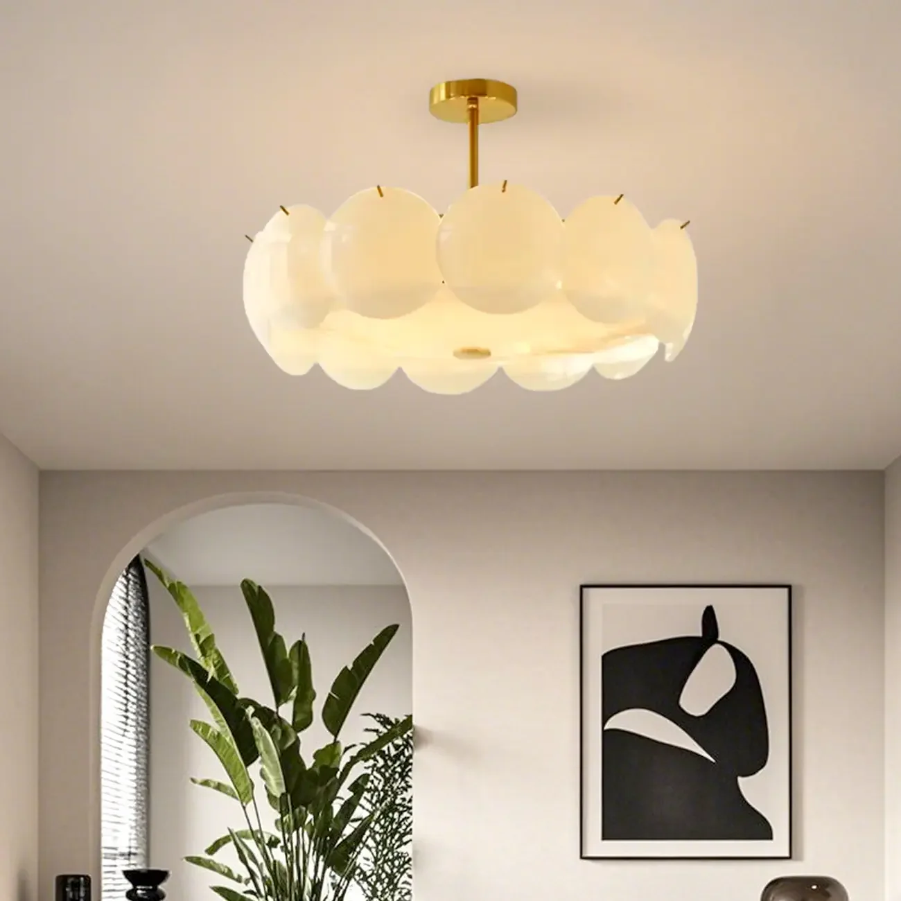 White Circle Glass Gold Semi Flush Mount Ceiling Light