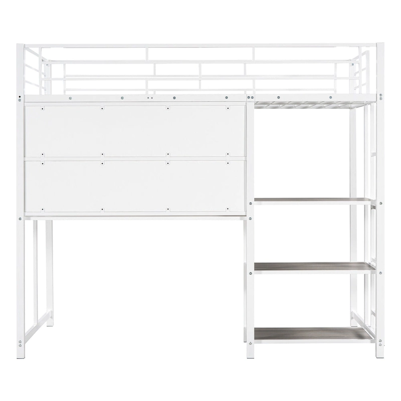 Metal Loft Bed with Desk, Whiteboard, Shelves, and Ladder