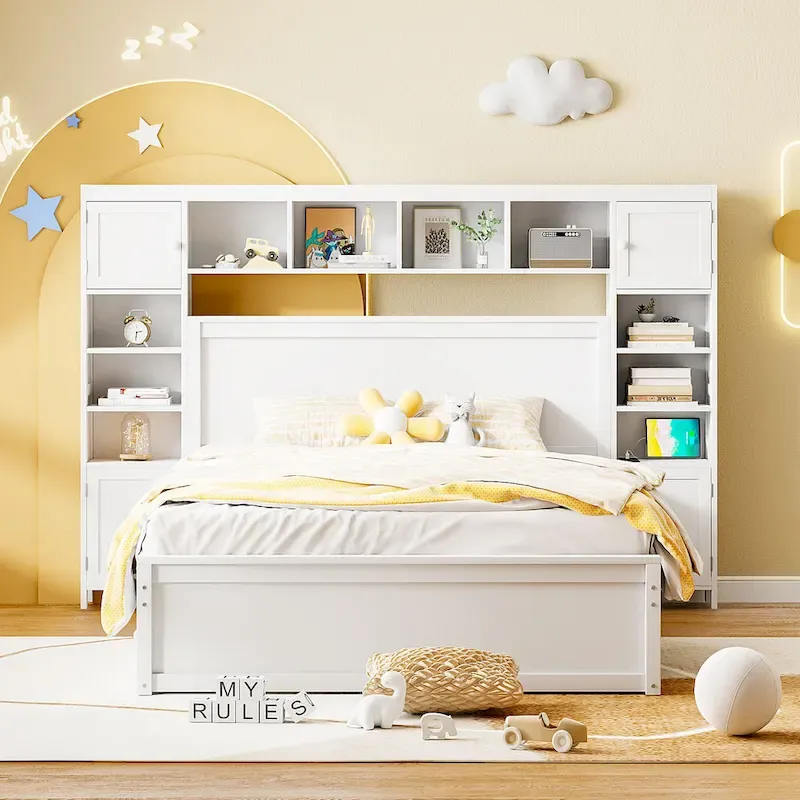 Modern Wooden Bed with Cabinet, Shelf, and Sockets