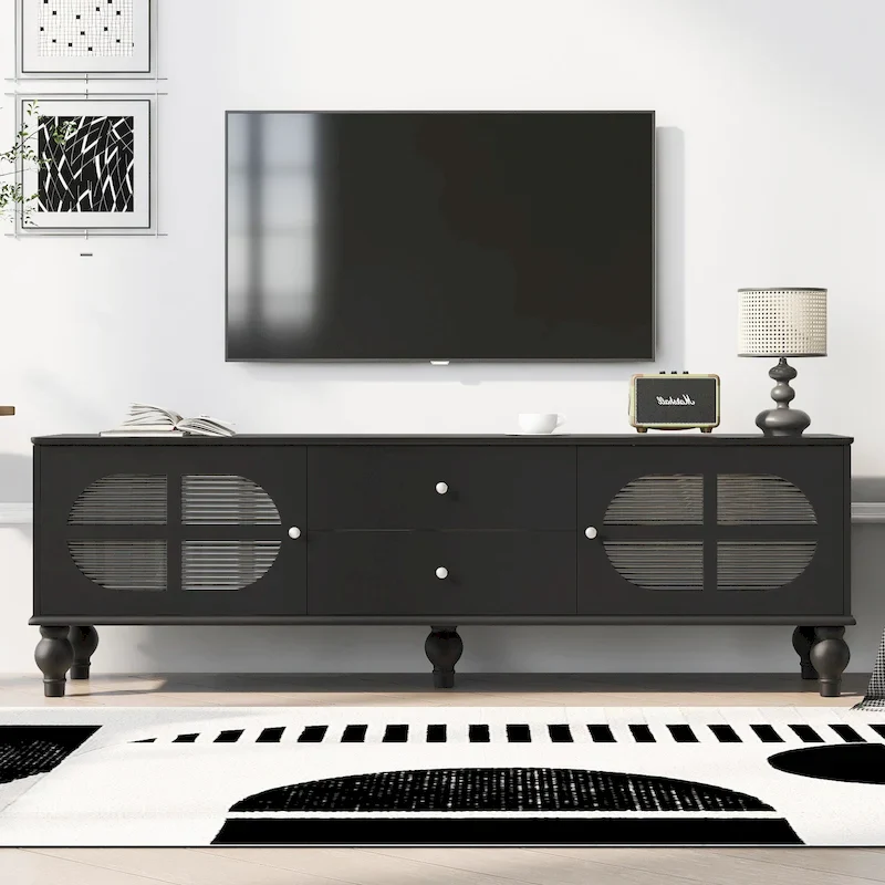 Modern Minimalist TV Stand with 2 Storage Cabinets, 2 Drawer and Cable Management for Living Room Bedroom