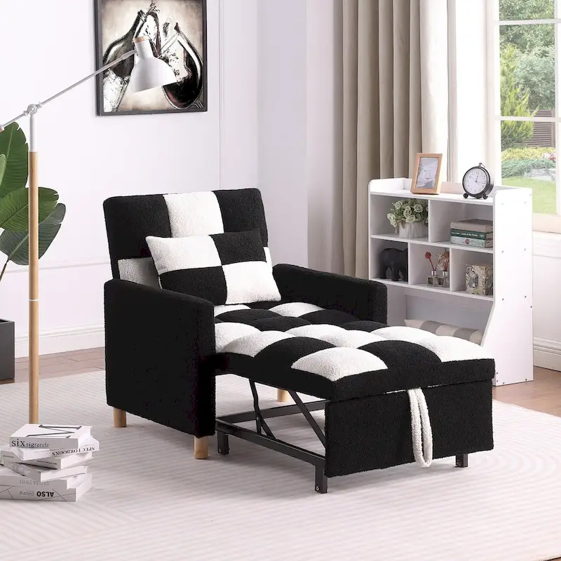3-in-1 Convertible Sleeper Chair Bed, Single Sofa (Black White)