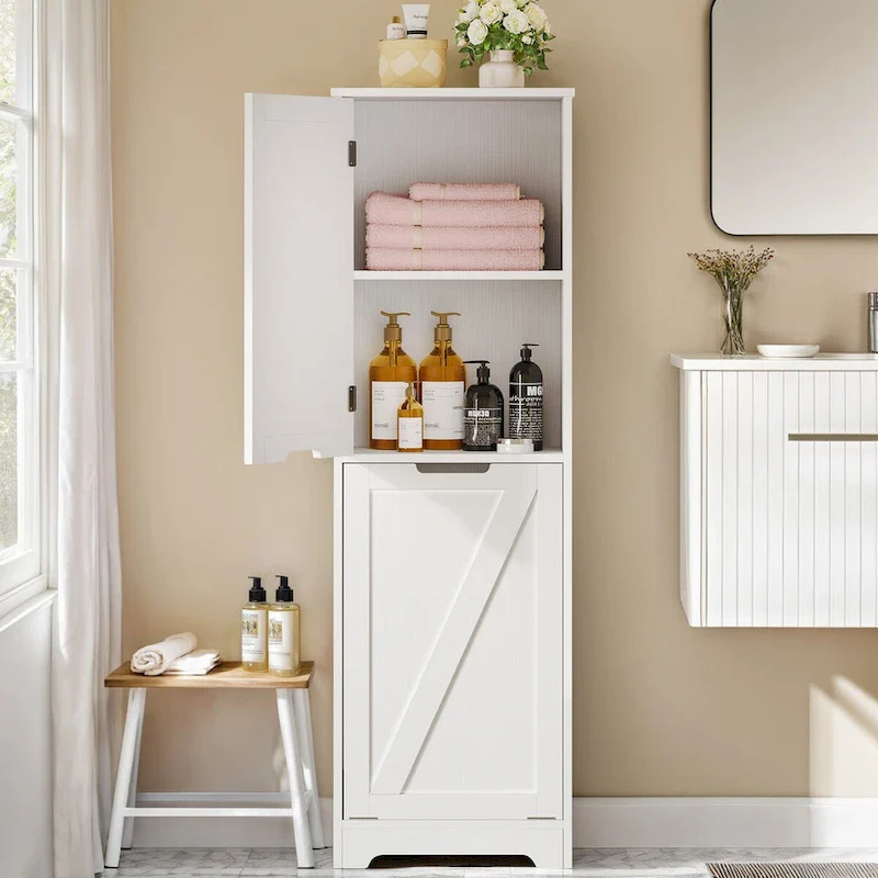 Moasis 53H Tilt Out Laundry Hamper Bathroom Storage Cabinet with Adjustable Shelves and Basket