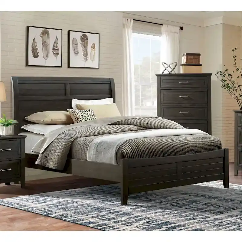 Inyx Transitional Walnut Solid Wood Panel Bed with Low Profile Headboard by Furniture of America