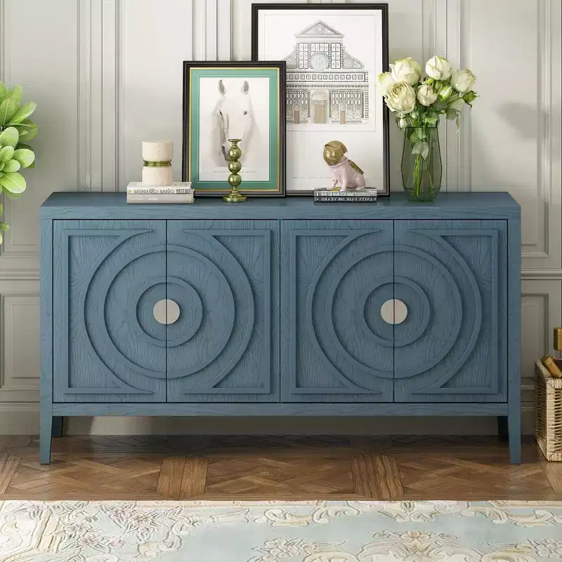 Whisen Retro Sideboard with Circular Groove Design Round Metal Door Handle for Living Room, Entryway, Dining Room
