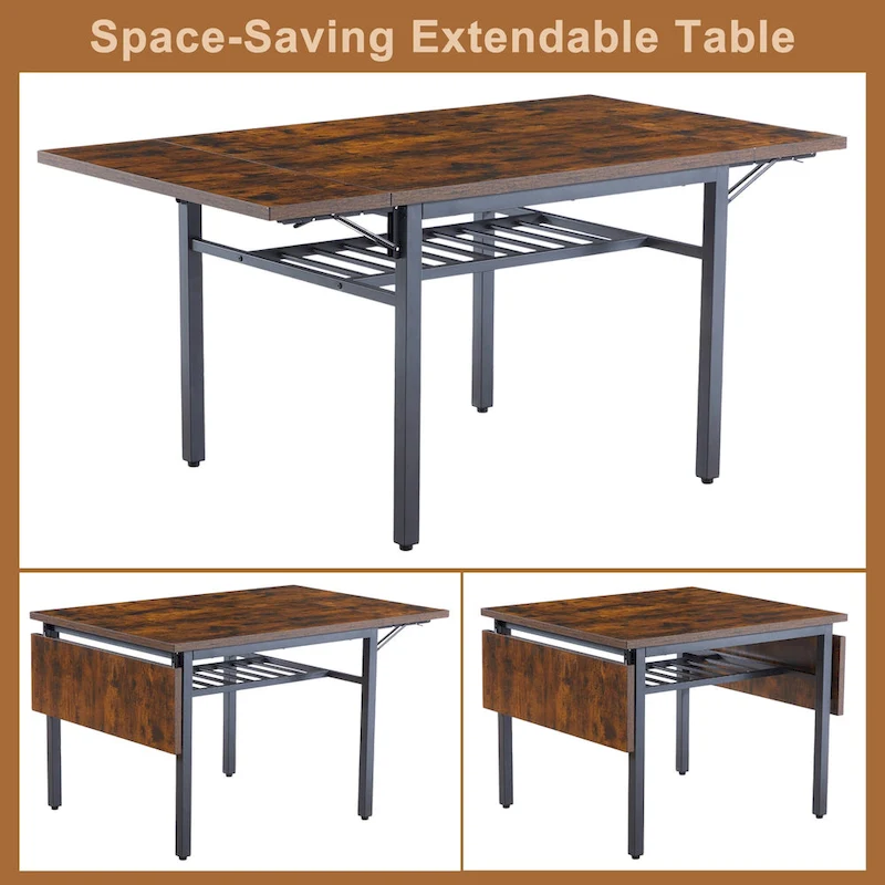 Modern Industrial 63.2  Extendable Dining Table w/Drop Leaf, Seats 6